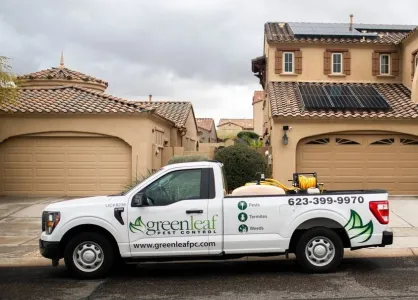 greenleaf pest control truck outside of an arizona home